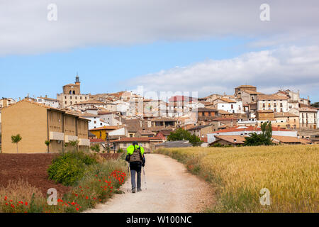 Uomo pellegrino a piedi nella campagna spagnola sul Camino de Santiago la via di San Giacomo che si avvicina al villaggio di Cirauqui Navarra Spagna Foto Stock