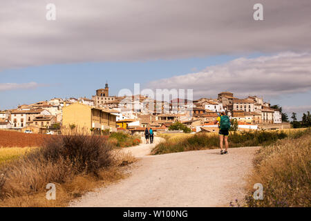 Donna pellegrina a piedi nella campagna spagnola sul Camino de Santiago il cammino di San Giacomo che si avvicina al villaggio di Cirauqui Navarra Spagna Foto Stock