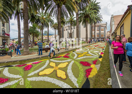 La Orotava, Tenerife, Spagna - 27 giugno 2019. Bellissimi tappeti floreali in La Orotava durante la festa del Corpus Christi. Famosi eventi religiosi e la concorrenza di f Foto Stock