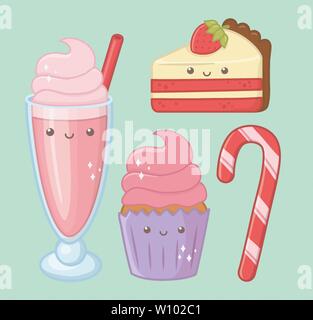 Deliziosi dolci e prodotti kawaii caratteri illustrazione vettoriale design Illustrazione Vettoriale