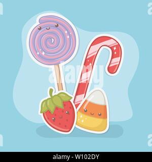 Deliziosi dolci e prodotti kawaii caratteri illustrazione vettoriale design Illustrazione Vettoriale