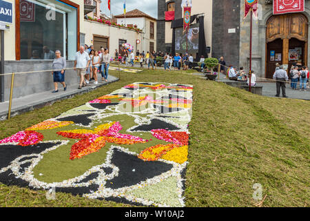 La Orotava, Tenerife, Spagna - 27 giugno 2019. Bellissimi tappeti floreali in La Orotava durante la festa del Corpus Christi. Famosi eventi religiosi e la concorrenza di f Foto Stock