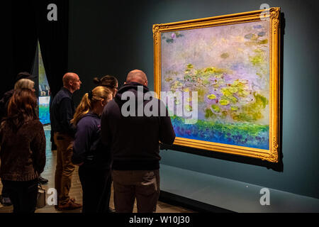 I visitatori a Claude Monet mostra all interno della Galleria Nazionale dell'Australia a Canberra, ACT, Australia. È sul display dal 7 Giugno al 1 settembre Foto Stock