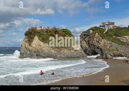 Casa in mare, Towan Beach, Newquay Cornwall, England, Regno Unito Foto Stock