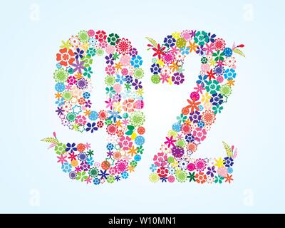Vettore floreale colorato 92 Design numero di isolati su sfondo bianco. Floral numero novantadue carattere tipografico di vettore. Illustrazione Vettoriale