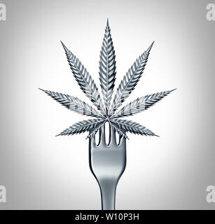 La Cannabis viveri concetto o la marijuana cibo simbolo con una foglia in rappresentanza di pentola beni cotti al forno e spuntini a base di erbe infuso con medicinali psicoattive. Foto Stock
