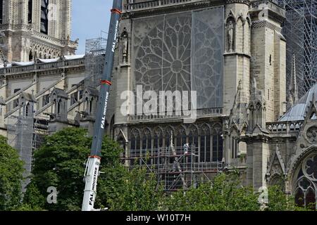 Lavoratori edili installare ponteggi a fianco della struttura massiccia come lavori di restauro continua presso la cattedrale di Notre Dame di Parigi, 24 giugno 2019. Foto Stock
