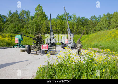 SAINT-Petersburg, Russia - Giugno 03, 2019: anti-aerei artiglieria in esposizione il patriota parco su una soleggiata giornata estiva. Kronstadt Foto Stock