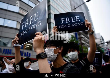 Osaka, Giappone. 29 giu 2019. Hong Kong la democrazia attivisti segni di attesa a una dimostrazione durante il Vertice del G20 di Osaka in Giappone. Credito: Ben Weller/AFLO/Alamy Live News Foto Stock