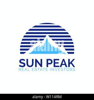 Alti picchi logo design modello. Vettore logotipo di montagna illustrazione con cerchio di sun. Illustrazione Vettoriale