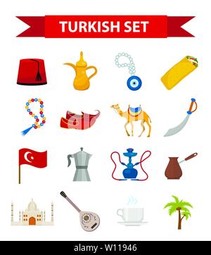 La Turchia travel flat icon set, stile cartoon. Bagno turco raccolta di elementi di design con il cammello, Buzuk, moschea, narghilè, shawarma, occhio amuleto. Vector illu Illustrazione Vettoriale