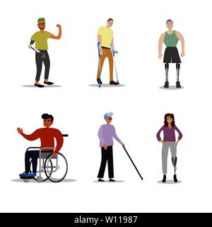 Disabilità le persone con disabilità. Disabili protesico con la gamba e il braccio, cieco e in sedia a rotelle. Illustrazione Vettoriale. Umani di supporto non valido, stampella Illustrazione Vettoriale