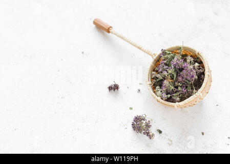 Il tè alle erbe su sfondo bianco, vista dall'alto, copia dello spazio. Stainer tè con origano essiccato e fiori di lavanda, naturale tè alle erbe composizione. Foto Stock
