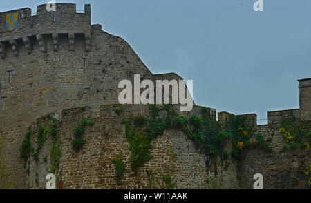 Muro di pietra con scudo in fortezza in Avranches Francia Foto Stock