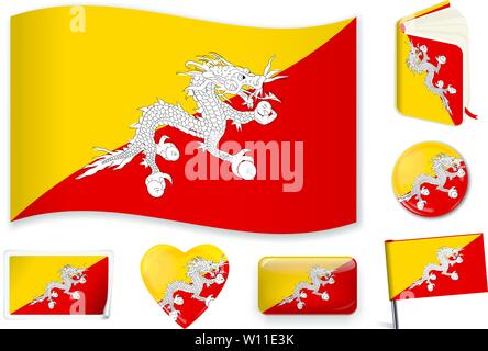 Il Bhutan bandiera nazionale. Illustrazione Vettoriale. 3 strati. Ombre, piatto bandiera, di luci e di ombre. Raccolta di 220 bandiere del mondo. La precisione dei colori. Semplici modifiche. Illustrazione Vettoriale