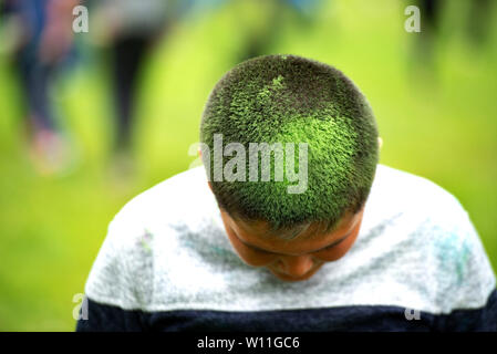 Indian capretto con verde-cosparsa di capelli. Il concetto di Indian Holi festival Foto Stock