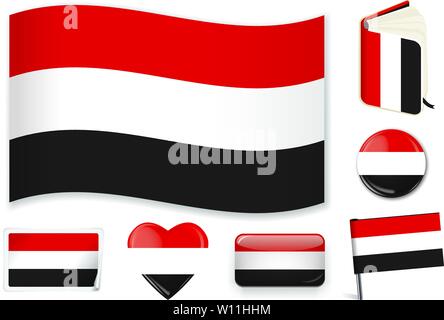 Yemen. Yemenita bandiera nazionale. Illustrazione Vettoriale. 3 strati. Ombre, piatto bandiera, di luci e di ombre. Raccolta di 220 bandiere del mondo. La precisione dei colori. Semplici modifiche. Illustrazione Vettoriale
