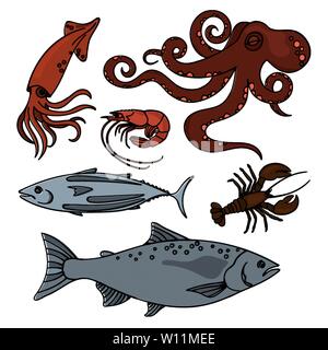 Oceano Mare vita animali naturali di pesce sano cheto Paleo dieta illustrazione vettoriale impostata per la stampa tessuto e decorazione Illustrazione Vettoriale