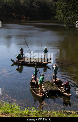 Lavoratori di erbaccia di compensazione da un lago su una barca di legno in Prasat, Bakong Angkor Antico sito in Siem Reap, Cambogia Foto Stock