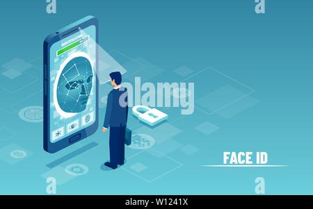 Il riconoscimento del volto ID il concetto di sistema. Vettore di un imprenditore utilizzando la fotocamera dello smartphone scanner per identificare personale verifica Illustrazione Vettoriale