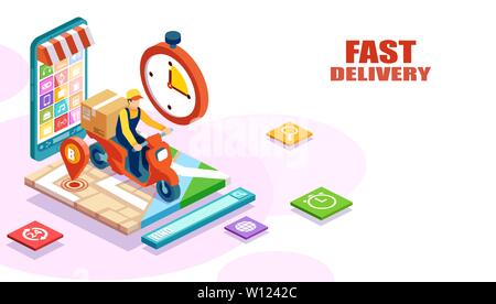 Vettore isometrica di consegna rapida e gratuita da uomo a cavallo di un scooter di un ordine effettuato online. L'E-commerce concept Illustrazione Vettoriale