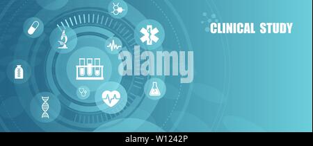 Vettore di laboratorio sanitario studio clinico icone, scoperta scientifica banner Illustrazione Vettoriale