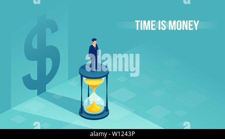 Il tempo è denaro concetto. Vettore isometrica di un imprenditore permanente sulla clessidra con ombra di un segno dollaro sullo sfondo Illustrazione Vettoriale