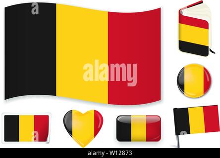 Il Belgio. Belga bandiera nazionale in onda, prenota, cerchio, pin, cuore pulsante e adesivo forme Illustrazione Vettoriale