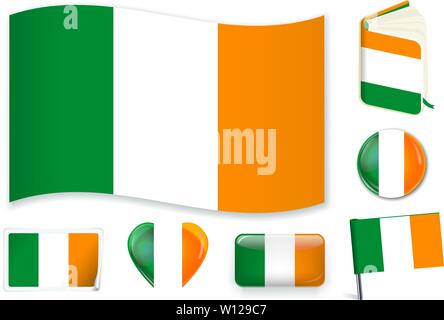 L'Irlanda. Nazionale irlandese di bandiera in onda, prenota, cerchio, pin, cuore pulsante e adesivo forme Illustrazione Vettoriale