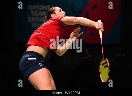 Minsk, Bielorussia. Il 29 giugno, 2019. Chloe Birch (GBR) in womens raddoppia Badminton finali al 2° European games. Credito Bowden Garry/SIP Agenzia fotografica/Alamy live news. Foto Stock