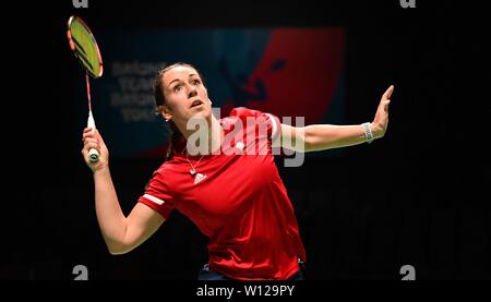 Minsk, Bielorussia. Il 29 giugno, 2019. Chloe Birch (GBR) in womens raddoppia Badminton finali al 2° European games. Credito Bowden Garry/SIP Agenzia fotografica/Alamy live news. Foto Stock