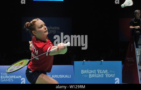 Minsk, Bielorussia. Il 29 giugno, 2019. Lauren Smith (GBR) in womens raddoppia Badminton finali al 2° European games. Credito Bowden Garry/SIP Agenzia fotografica/Alamy live news. Foto Stock