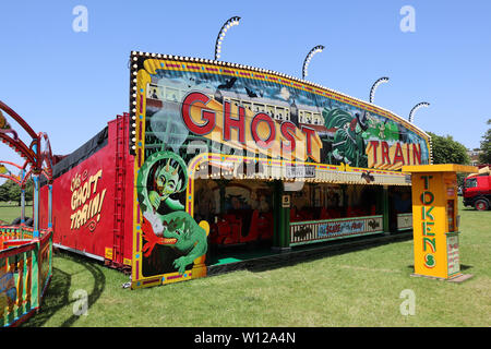 Treno fantasma, carradori fiera del vapore, Peckham Rye Common, Londra, Regno Unito, 29 giugno 2019, Foto di Richard Goldschmidt Foto Stock