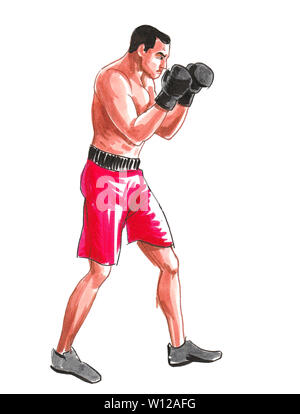 Il pugilato atleta. China e acquarello illustrazione Foto Stock