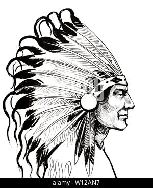 Capo nativo americano. L'inchiostro bianco e nero disegno Foto Stock