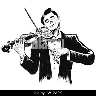 Il musicista suona il violino. L'inchiostro bianco e nero disegno Foto Stock