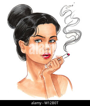 Bella donna di fumare un giunto di marijuana. China e acquarello illustrazione Foto Stock