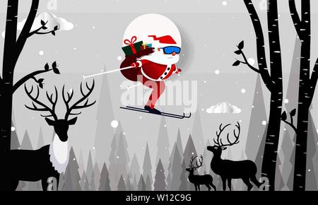 Auguri di Buon Natale design card con Babbo Natale volare sopra le colline di neve sullo sfondo. Illustrazione Vettoriale