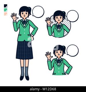 Una studentessa in un verde blazer con immagini di saluto. Si tratta di disegni vettoriali in modo che sia facile da modificare. Illustrazione Vettoriale