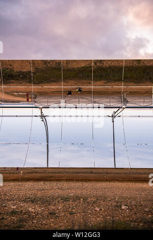 Logrosan, Estremadura, Spagna - 23 Marzo 2019: dettaglio dei concentratori e pannelli solari del solare termico impianto di alimentazione Solaben in Logrosan, Extr Foto Stock
