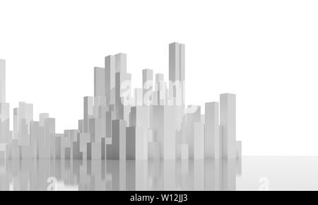 Abstract skyline del centro isolati su sfondo bianco. Modello digitale con disegni geometrici bianchi alti grattacieli, rendering 3D illustrazione Foto Stock