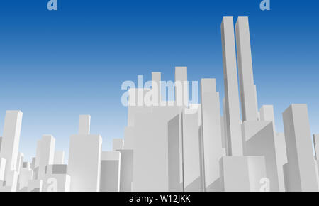 Abstract dello skyline della città sotto il cielo blu. Modello digitale con primitive geometriche grattacieli, rendering 3D illustrazione Foto Stock
