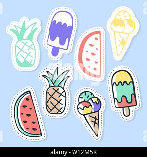 Set di gelato e frutta adesivi, perni, patch e collezione manoscritta in stile cartoon. Saluti divertenti per i vestiti, carta, badge, icona, postca Illustrazione Vettoriale