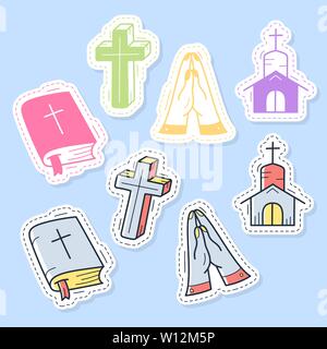 Set di adesivi cristiana, perni, patch e collezione manoscritta in stile cartoon. Saluti divertenti per i vestiti, carta, badge, icona, cartolina, banner Illustrazione Vettoriale