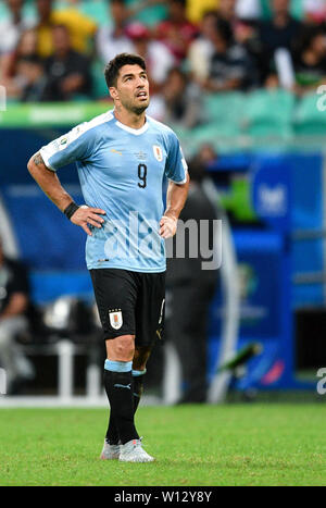 Salvador, Brasile. Il 29 giugno, 2019. Uruguay Luis Suarez reagisce durante la Copa America 2019 quarterfinal match tra Uruguay e Perù in Salvador, Brasile, 29 giugno 2019. Il Perù ha vinto 5-4 in calci di rigore. Credito: Xin Yuewei/Xinhua/Alamy Live News Foto Stock