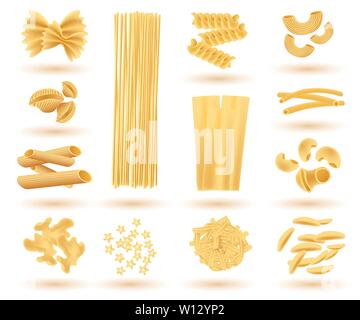 Gruppo isolato di pasta italiana. Farfalle, conchiglie, linguine Maccheroni, Penne, rigate, Spaghetti Fusilli e lasagne. Illustrazione Vettoriale. Illustrazione Vettoriale