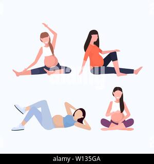 Impostare donna incinta facendo diversi esercizi physucal ragazze che lavorano fuori gravidanza fitness uno stile di vita sano concetto raccolta a piena lunghezza vettore piatta Illustrazione Vettoriale