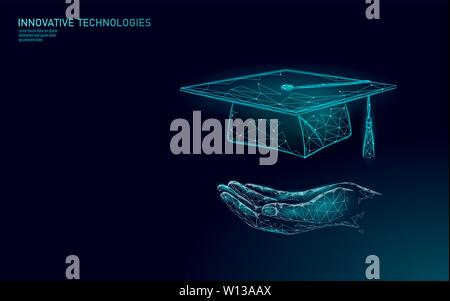 L'E-learning distanza graduate certificate concetto di programma. Bassa poli 3D render graduazione il tappo sul pianeta Terra mappa Mondo modello di pagina di intestazione. Internet Illustrazione Vettoriale