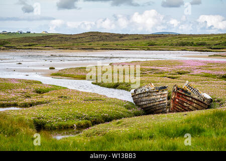 Un vecchio rotto naufragio di una barca da pesca di sinistra sul marsh ingresso al mare. Questa è stata scattata nella contea di Mayo in Irlanda. Foto Stock