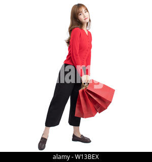 Bella donna di immagine del maglione rosso per il festival di festa Foto Stock